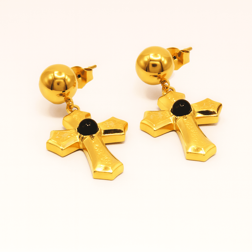 D8658D62-8FE6-489A-BBF0-A6C9B6A4F7E4 Black Agate Cross Stud Earrings – 18K PVD Gold Plated