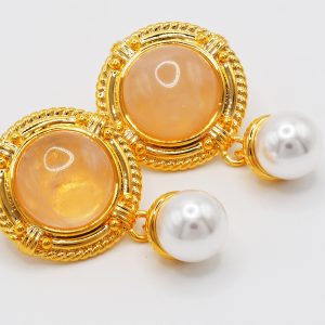 Round Pink Quartz & Drop Pearl Bead 18K Gold Plated Earrings