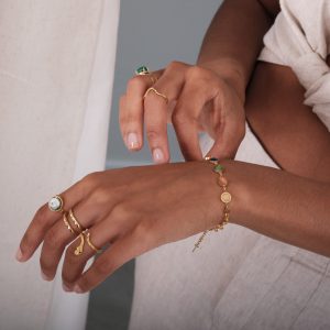 model wearing pearl & chain jewellery