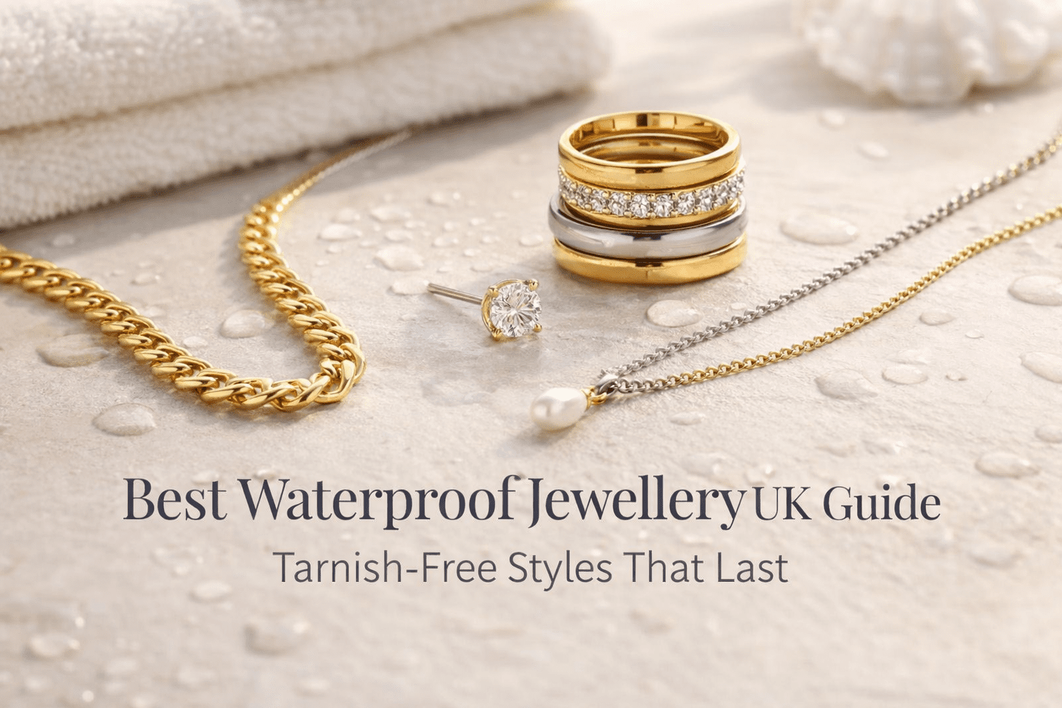 Best waterproof jewellery UK guide image showing gold necklace, stacked rings, stud earring and pearl pendant on a water-droplet surface.